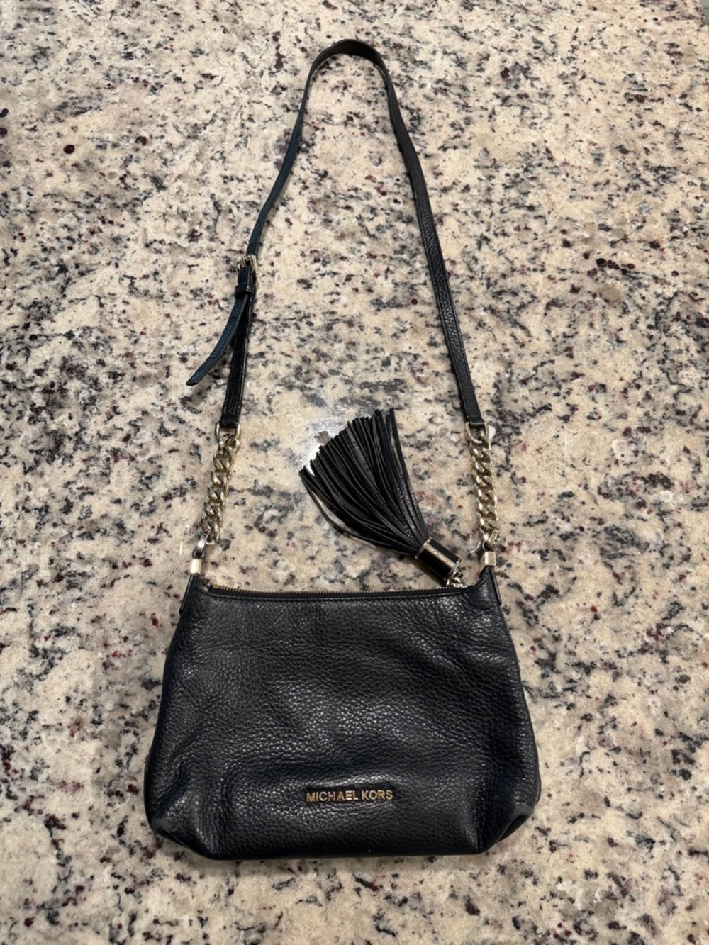 Michael Kors Black Leather Crossbody Bag with Gold Chain and Tassel